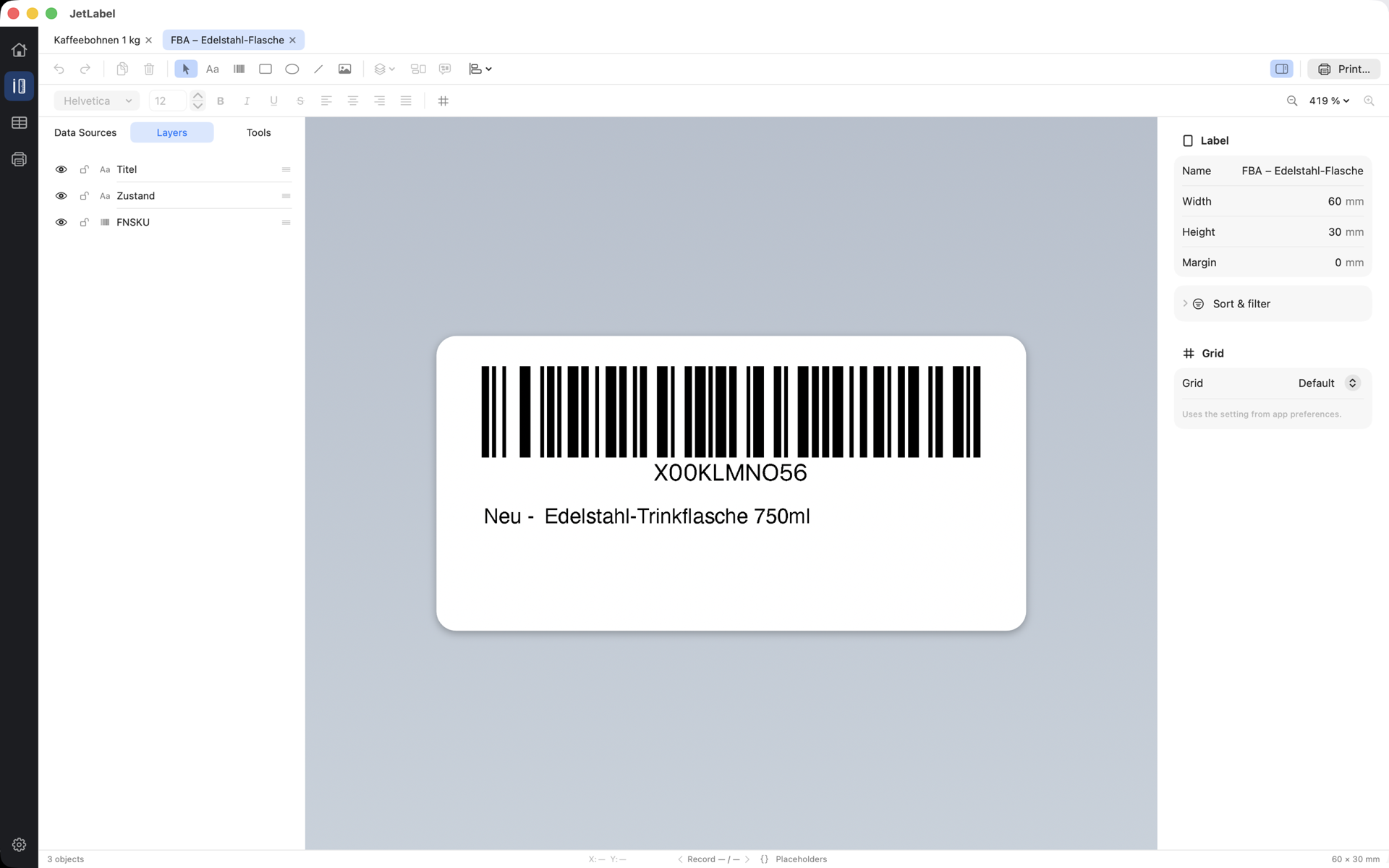 JetLabel designer — a barcode label on the canvas with the inspector panel